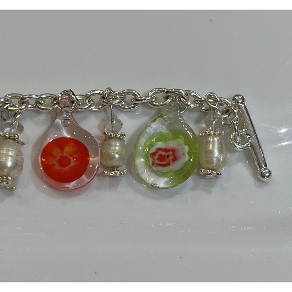 MURANO Glass Red & Green Fresh Water Pearl Charm Bracelet 7in - Picture 8 of 9
